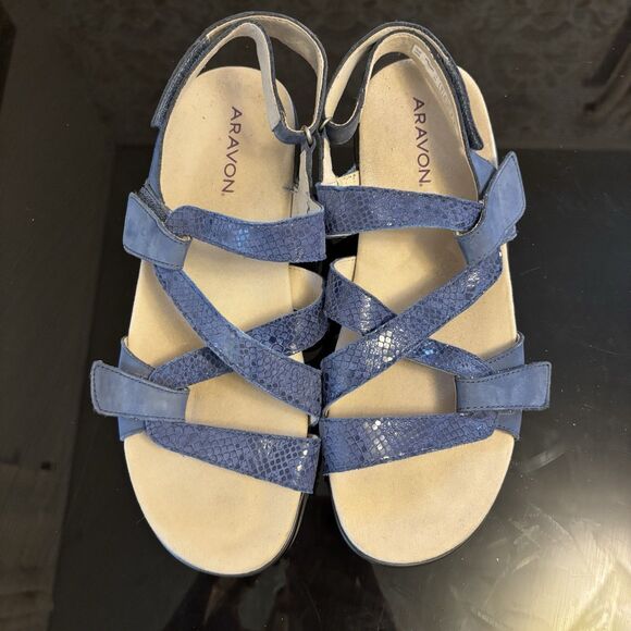 Aravon Women's‎ Sandals Comfort Strap Ankle Black Snake Print Blue 11 Supportive - Picture 2 of 4